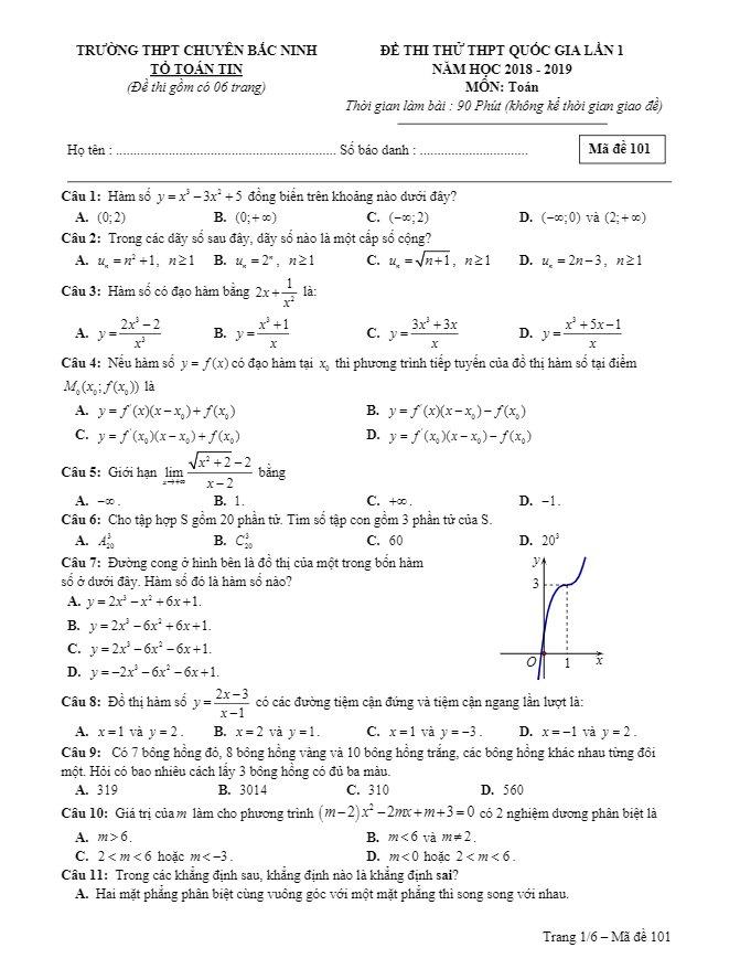 đề thi thử toán thpt quốc gia 2019 trường thpt chuyên bắc ninh lần 1