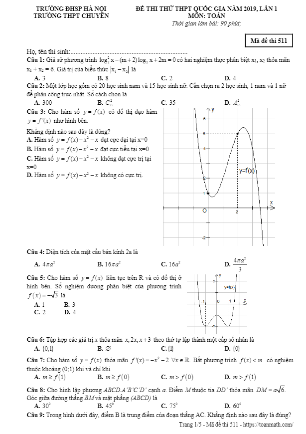 đề thi thử toán thpt quốc gia 2019 trường thpt chuyên đhsp hà nội lần 1