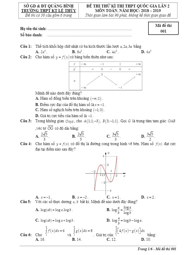 đề thi thử toán thpt quốc gia 2019 trường thpt lệ thủy – quảng bình lần 2