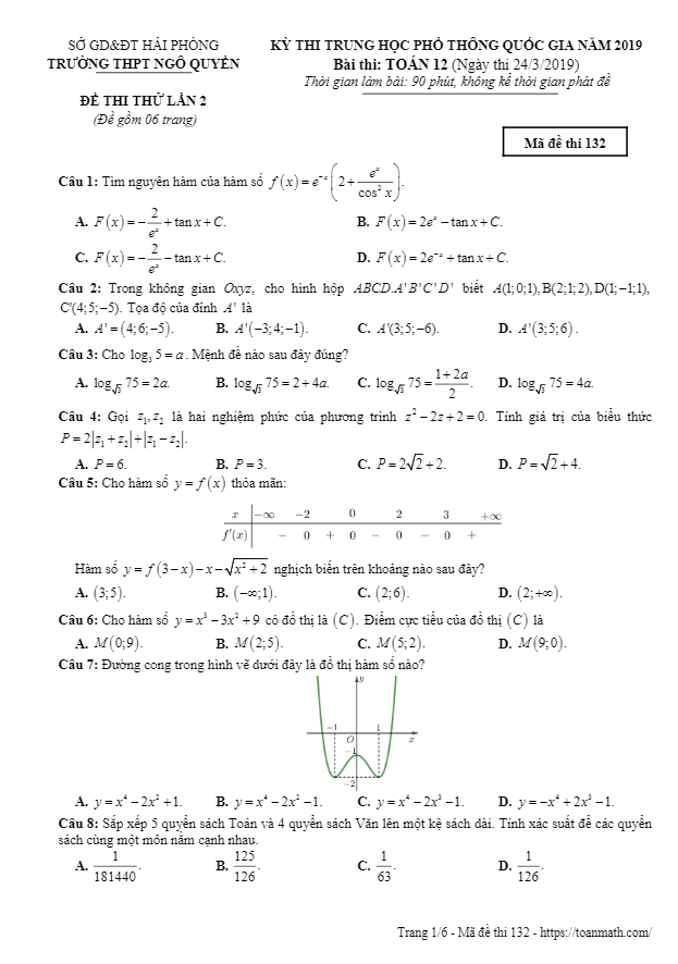 đề thi thử toán thpt quốc gia 2019 trường thpt ngô quyền – hải phòng lần 2