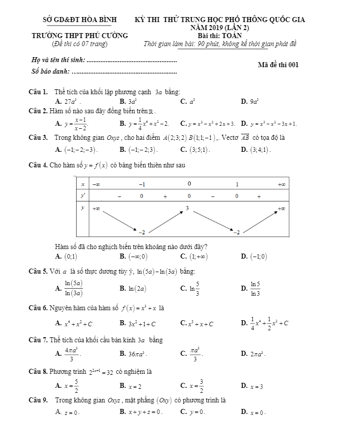 đề thi thử toán thpt quốc gia 2019 trường thpt phú cường – hòa bình lần 2