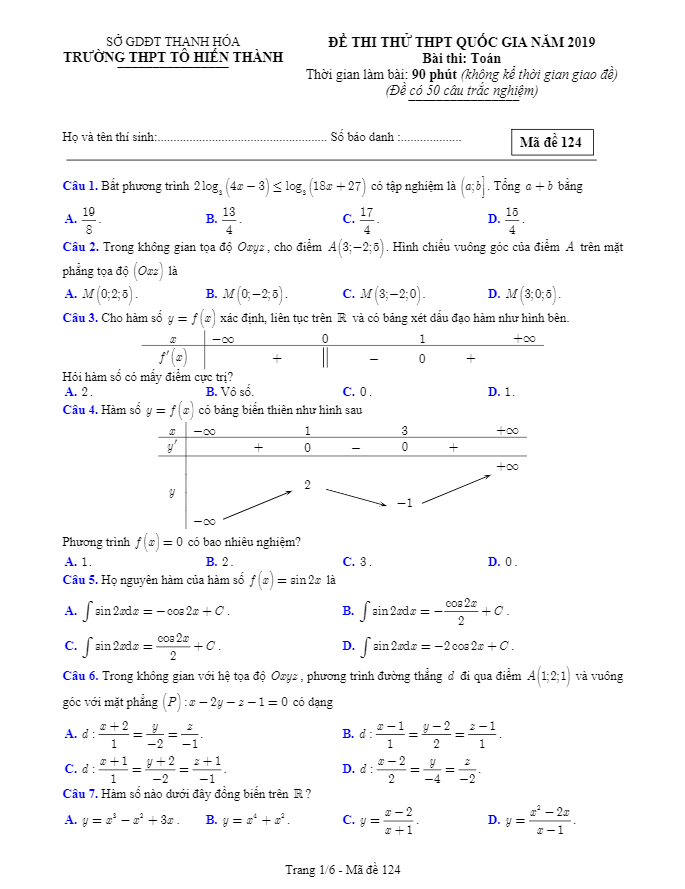 đề thi thử toán thpt quốc gia 2019 trường thpt tô hiến thành – thanh hóa