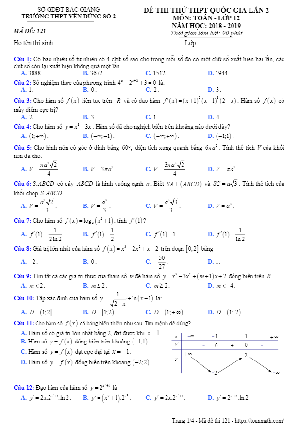 đề thi thử toán thpt quốc gia 2019 trường thpt yên dũng 2 – bắc giang lần 2