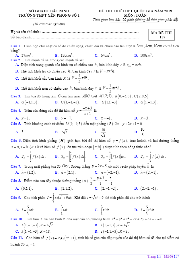 đề thi thử toán thpt quốc gia 2019 trường thpt yên phong số 1 – bắc ninh