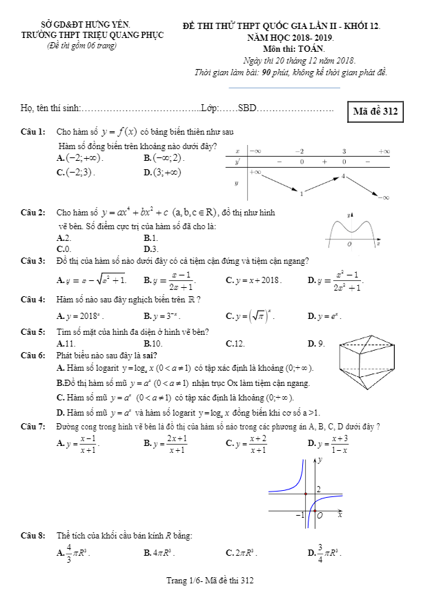 đề thi thử toán thpt quốc gia 2019 trường triệu quang phục – hưng yên lần 2