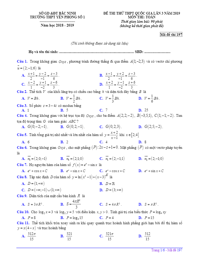 đề thi thử toán thpt quốc gia 2019 trường yên phong 1 – bắc ninh lần 3