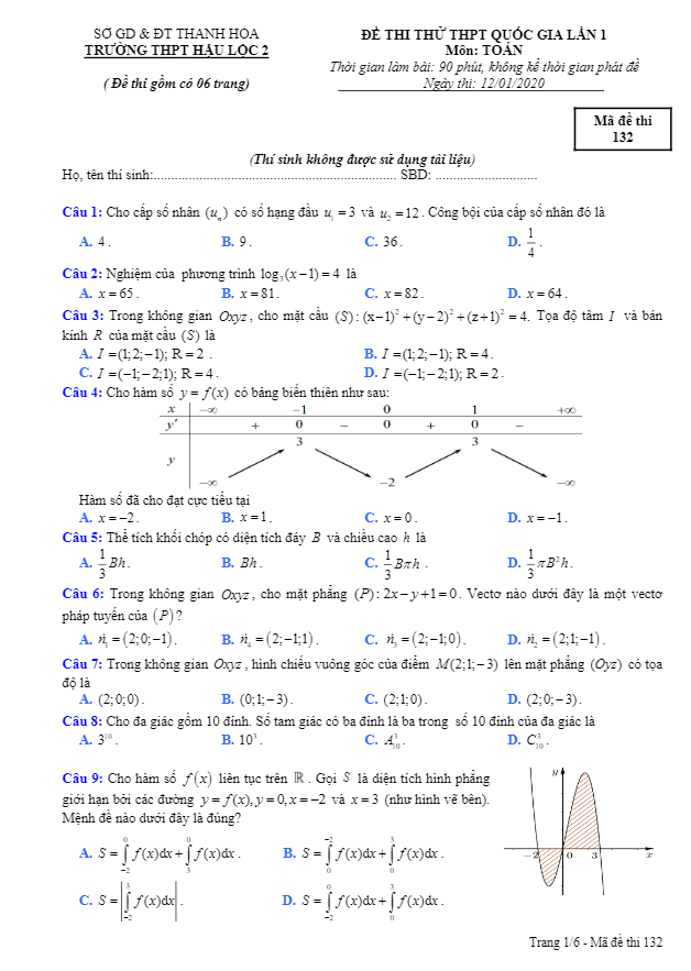đề thi thử toán thpt quốc gia 2020 lần 1 trường hậu lộc 2 – thanh hóa
