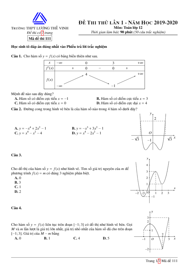 đề thi thử toán thpt quốc gia 2020 lần 1 trường lương thế vinh – hà nội