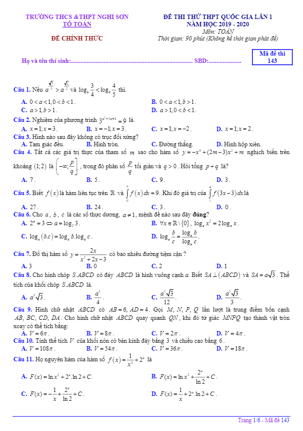 đề thi thử toán thpt quốc gia 2020 lần 1 trường nghi sơn – thanh hoá