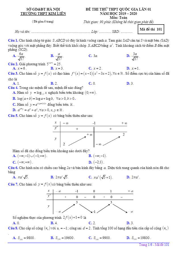 đề thi thử toán thpt quốc gia 2020 lần 1 trường thpt kim liên – hà nội