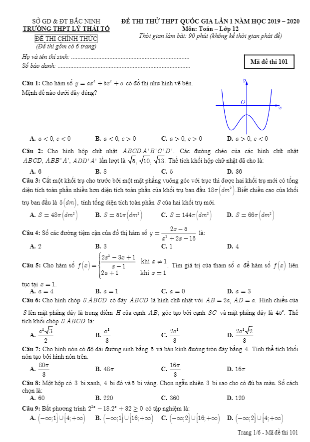 đề thi thử toán thpt quốc gia 2020 lần 1 trường thpt lý thái tổ – bắc ninh