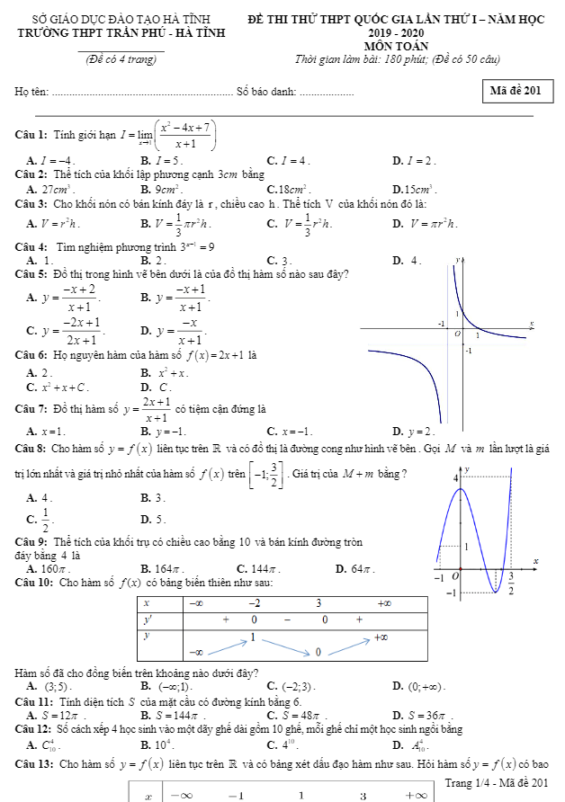 đề thi thử toán thpt quốc gia 2020 lần 1 trường thpt trần phú – hà tĩnh