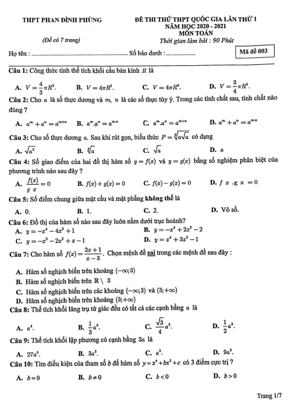 đề thi thử toán thpt quốc gia 2021 lần 1 trường thpt phan đình phùng – hà nội
