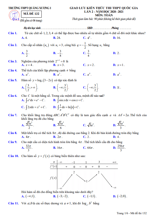 đề thi thử toán thpt quốc gia 2021 lần 2 trường thpt quảng xương 1 – thanh hóa