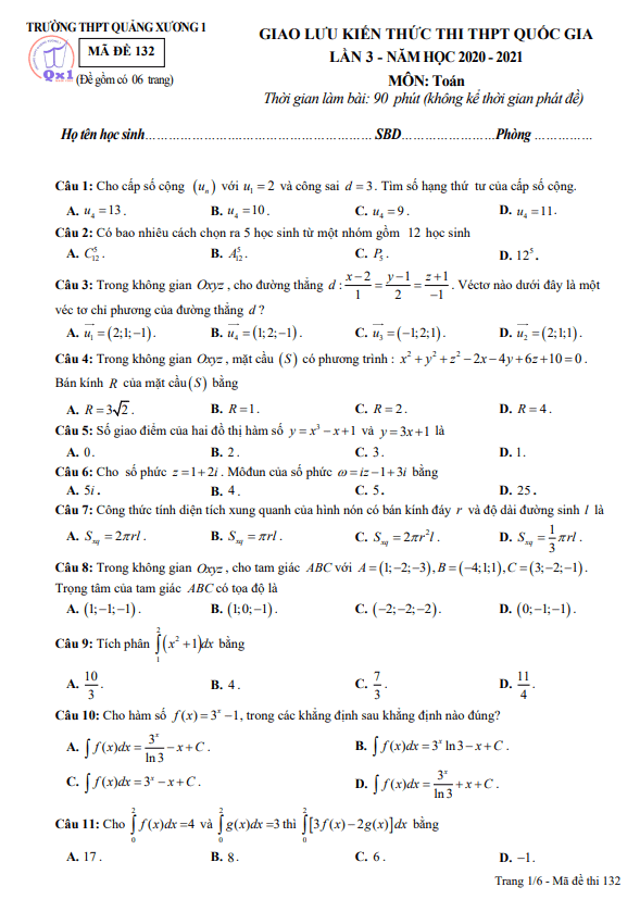 đề thi thử toán thpt quốc gia 2021 lần 3 trường thpt quảng xương 1 – thanh hóa