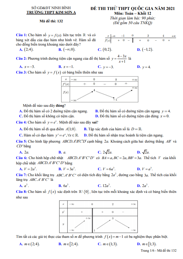 đề thi thử toán thpt quốc gia 2021 trường thpt kim sơn a – ninh bình