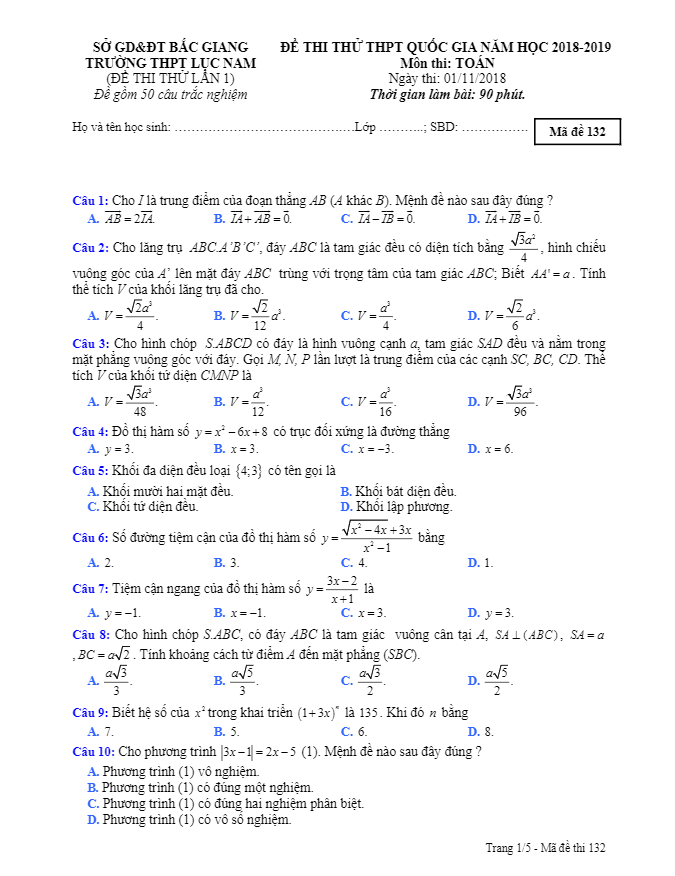 đề thi thử toán thpt quốc gia năm 2018 – 2019 trường lục nam – bắc giang lần 1