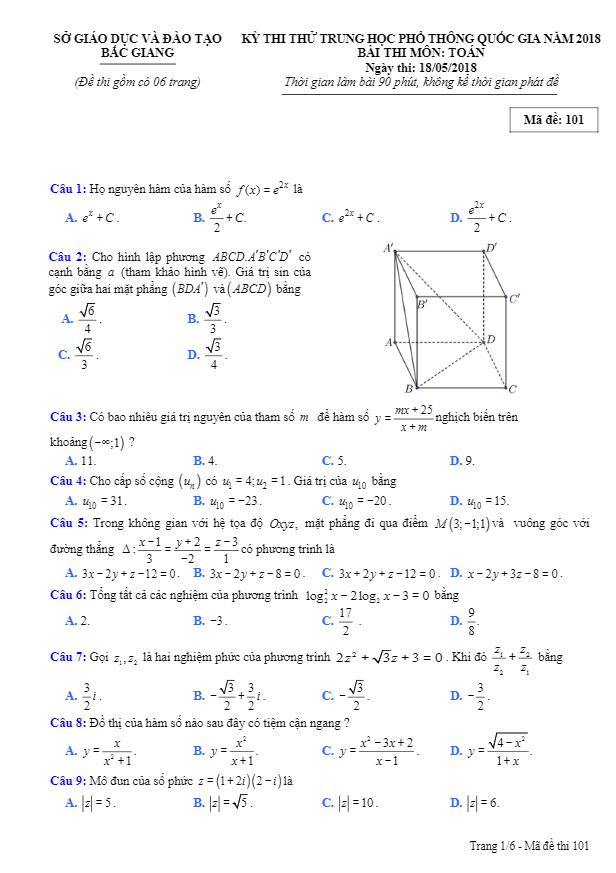 đề thi thử toán thptqg 2018 sở gd và đt bắc giang lần 2