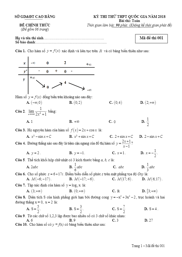 đề thi thử toán thptqg 2018 sở gd và đt cao bằng