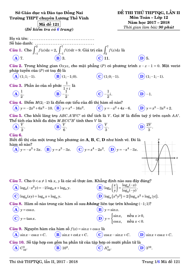 đề thi thử toán thptqg 2018 trường chuyên lương thế vinh – đồng nai lần 2