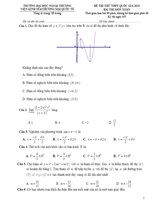 đề thi thử toán thptqg 2018 trường đại học ngoại thương – hà nội lần 6