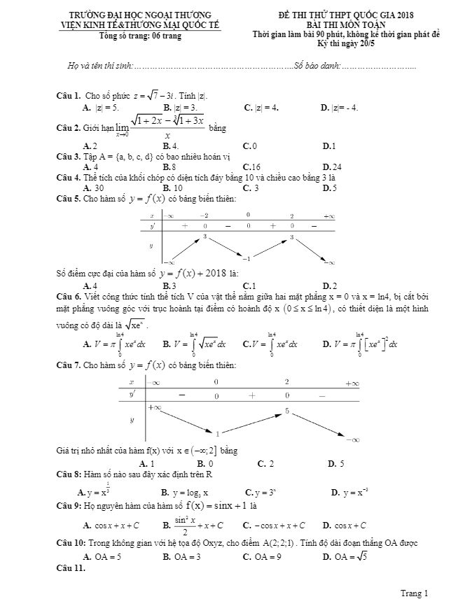 đề thi thử toán thptqg 2018 trường đại học ngoại thương – hà nội lần 7