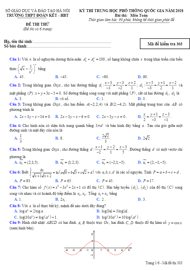đề thi thử toán thptqg 2018 trường đoàn kết – hai bà trưng – hà nội