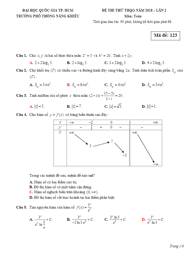 đề thi thử toán thptqg 2018 trường phổ thông năng khiếu – tp. hcm lần 2