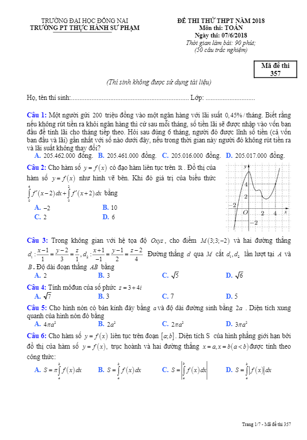 đề thi thử toán thptqg 2018 trường pt thực hành sư phạm đồng nai