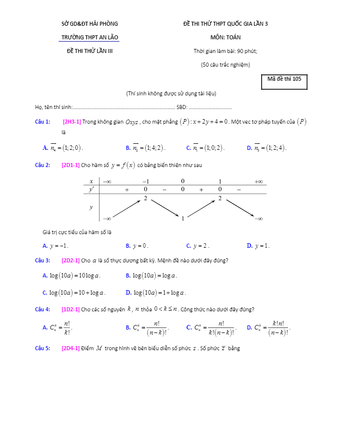 đề thi thử toán thptqg 2018 trường thpt an lão – hải phòng lần 3