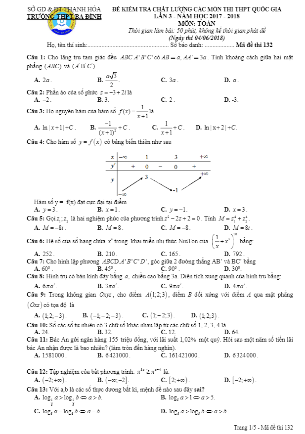 đề thi thử toán thptqg 2018 trường thpt ba đình – thanh hóa lần 3