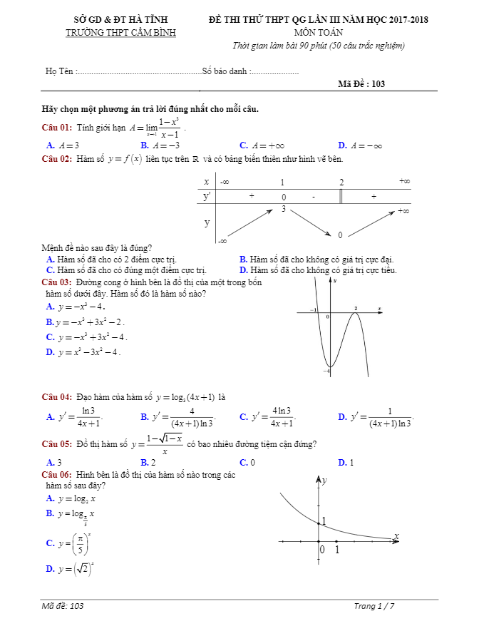 đề thi thử toán thptqg 2018 trường thpt cẩm bình – hà tĩnh lần 3