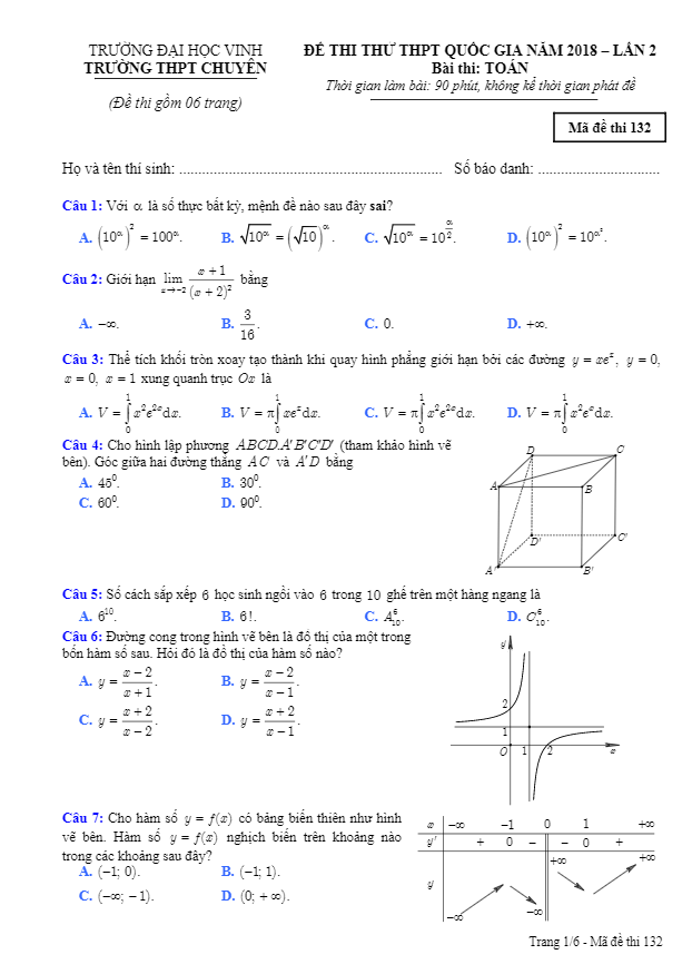 đề thi thử toán thptqg 2018 trường thpt chuyên đại học vinh – nghệ an lần 2