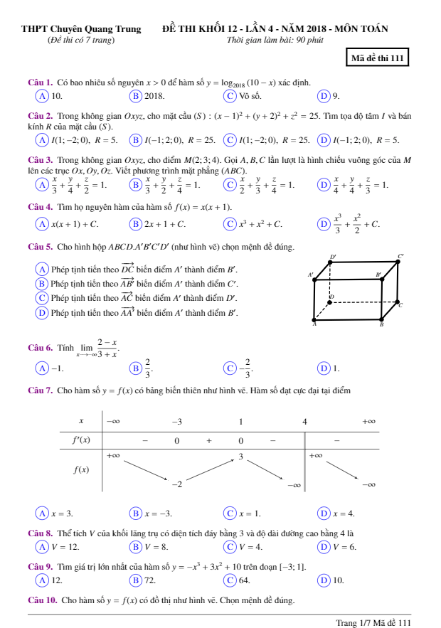 đề thi thử toán thptqg 2018 trường thpt chuyên quang trung – bình phước lần 4