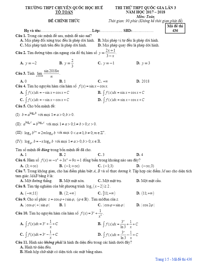 đề thi thử toán thptqg 2018 trường thpt chuyên quốc học huế lần 3