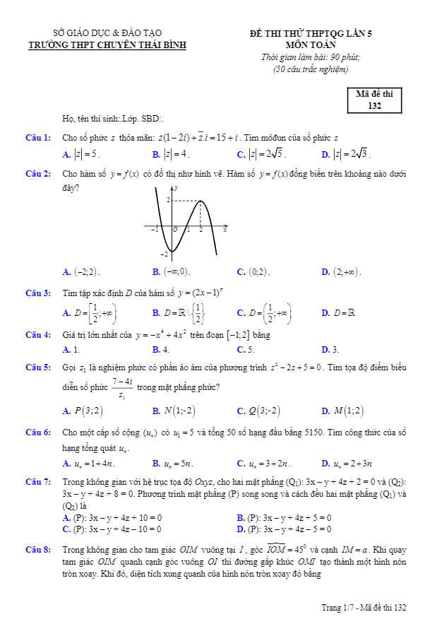 đề thi thử toán thptqg 2018 trường thpt chuyên thái bình lần 5