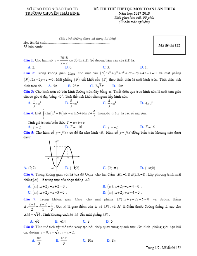 đề thi thử toán thptqg 2018 trường thpt chuyên thái bình lần 6