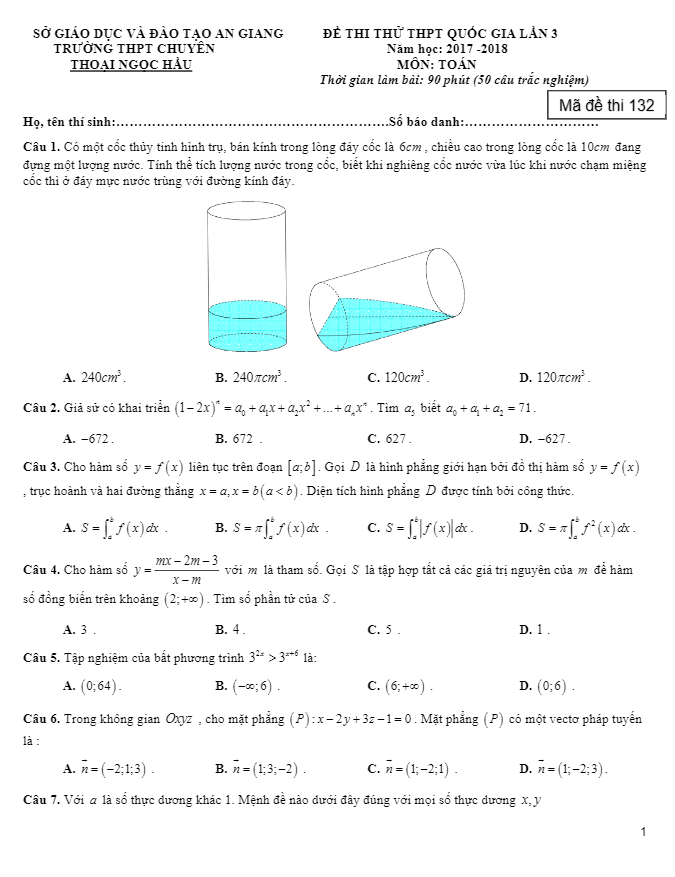 đề thi thử toán thptqg 2018 trường thpt chuyên thoại ngọc hầu – an giang lần 3