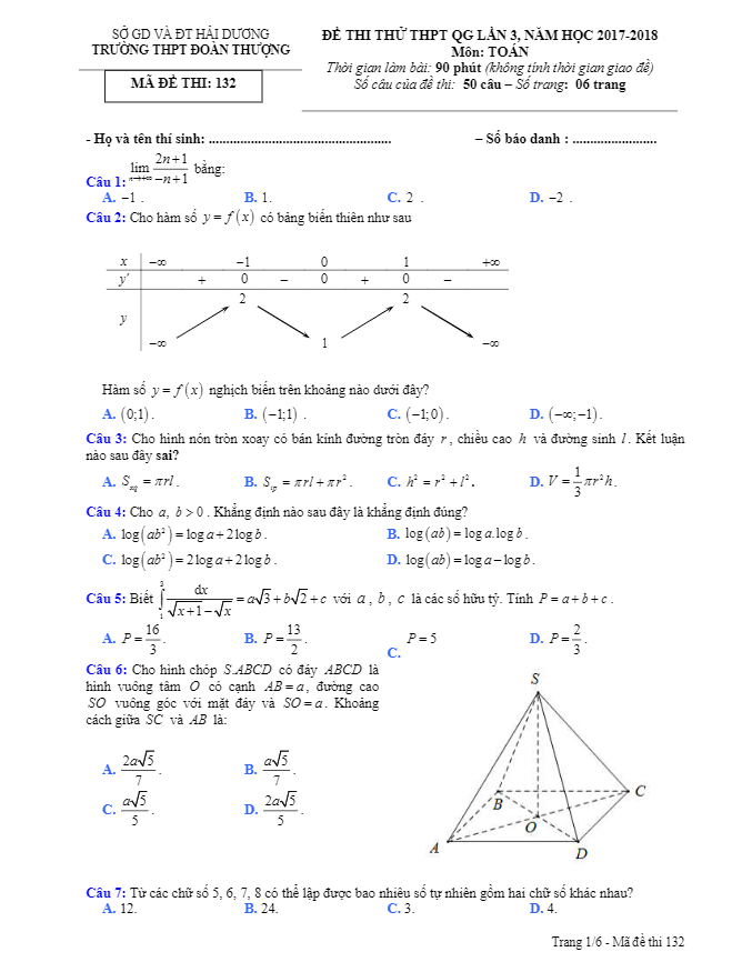 đề thi thử toán thptqg 2018 trường thpt đoàn thượng – hải dương lần 3