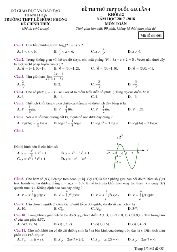 đề thi thử toán thptqg 2018 trường thpt lê hồng phong – thanh hóa lần 4