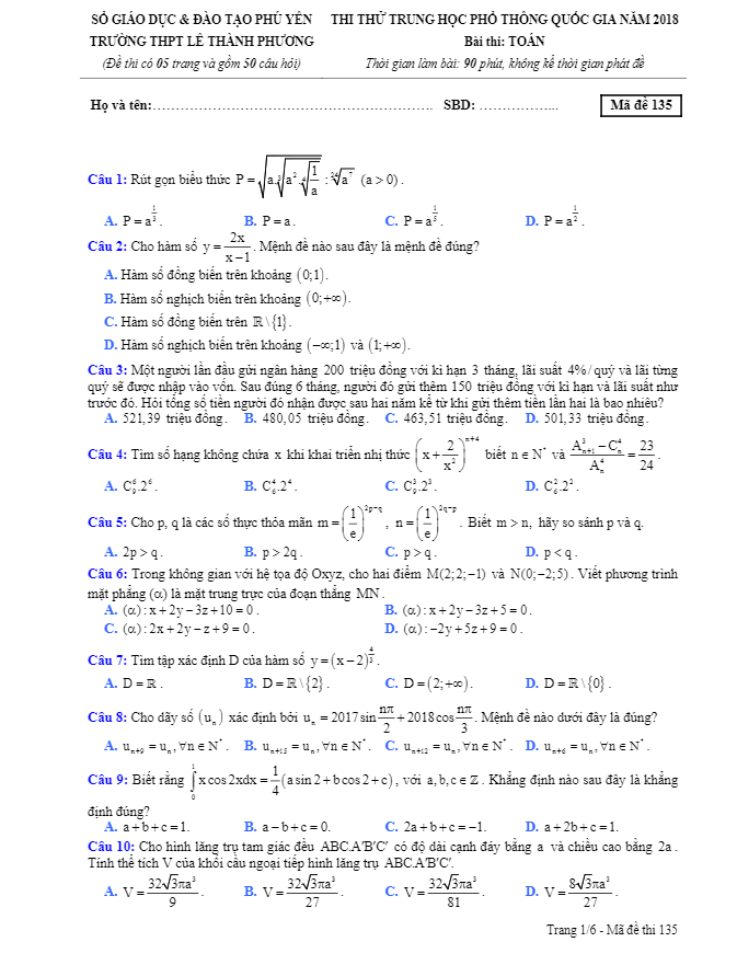 đề thi thử toán thptqg 2018 trường thpt lê thành phương – phú yên