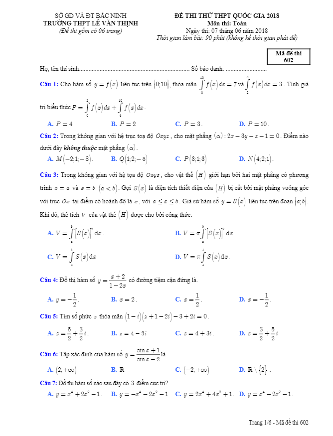 đề thi thử toán thptqg 2018 trường thpt lê văn thịnh – bắc ninh lần 3