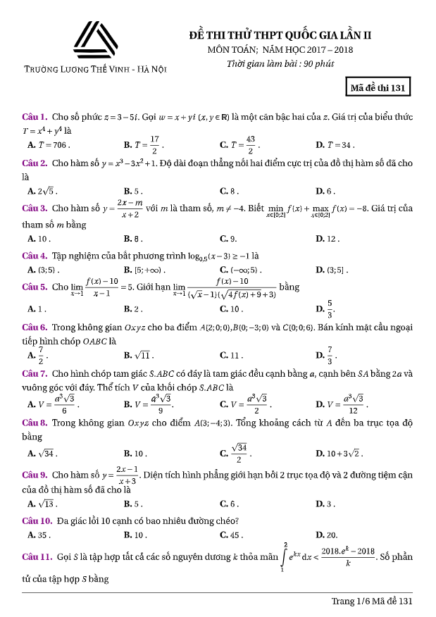 đề thi thử toán thptqg 2018 trường thpt lương thế vinh – hà nội lần 2