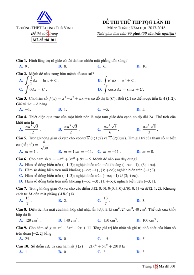 đề thi thử toán thptqg 2018 trường thpt lương thế vinh – hà nội lần 3
