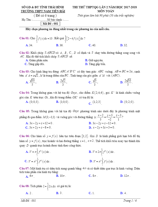 đề thi thử toán thptqg 2018 trường thpt nam tiền hải – thái bình lần 2