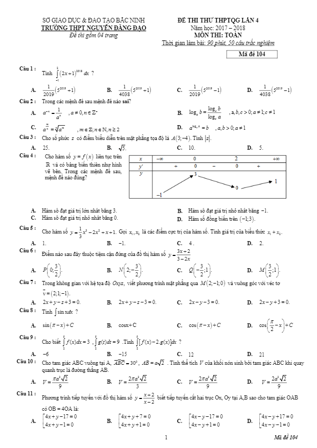 đề thi thử toán thptqg 2018 trường thpt nguyễn đăng đạo – bắc ninh lần 4