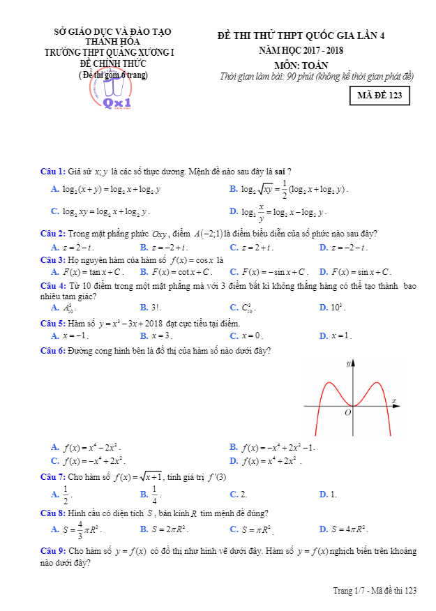 đề thi thử toán thptqg 2018 trường thpt quảng xương 1 – thanh hóa lần 4