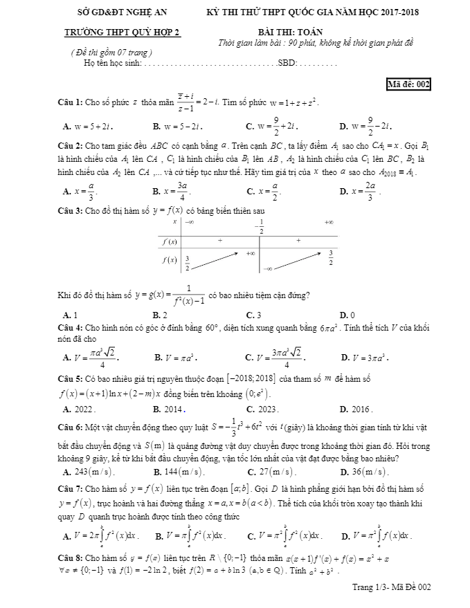 đề thi thử toán thptqg 2018 trường thpt quỳ hợp 2 – nghệ an