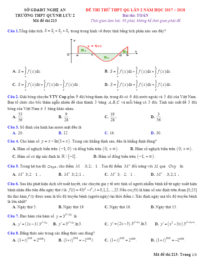 đề thi thử toán thptqg 2018 trường thpt quỳnh lưu 2 – nghệ an lần 2