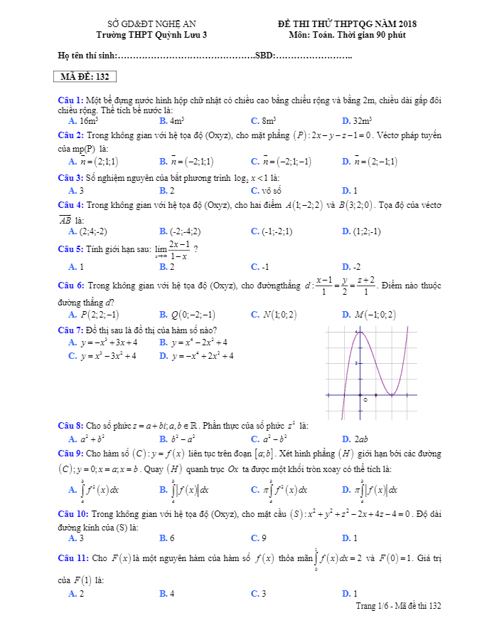 đề thi thử toán thptqg 2018 trường thpt quỳnh lưu 3 – nghệ an